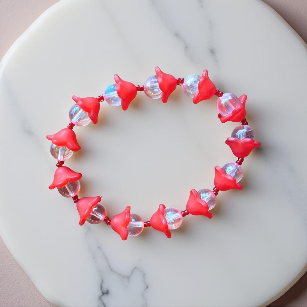 Angel Aura Quartz Crystal & Red Acrylic Flower Beaded Bracelet